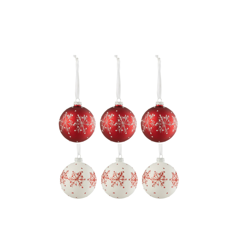 J-Line Kerstballen Met Sneeuwvlokkken Rood Wit Set 6