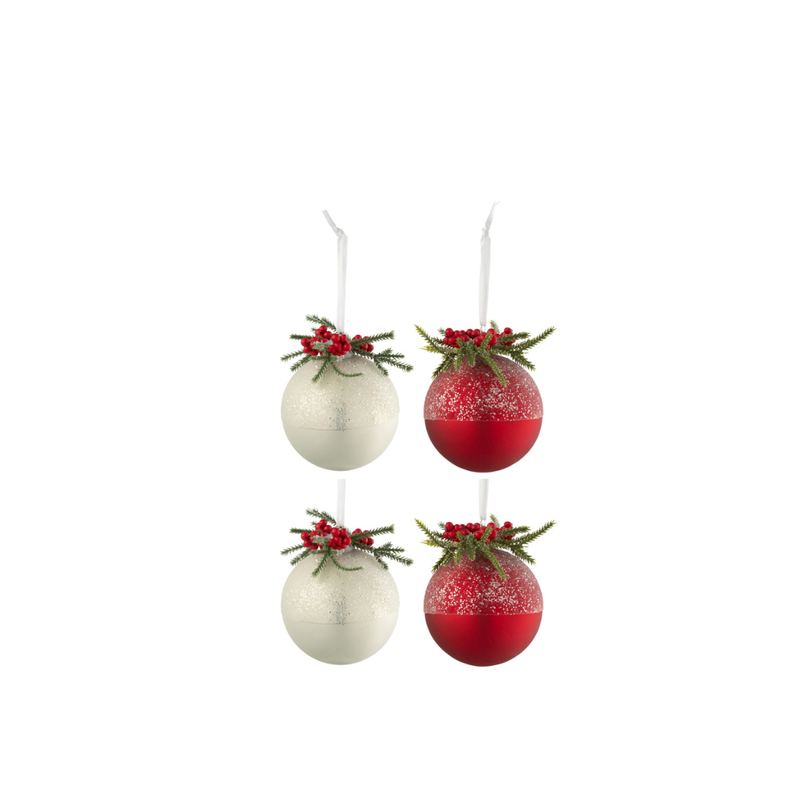 J-Line Kerstballen Rood Wit Met Besjes Set 4