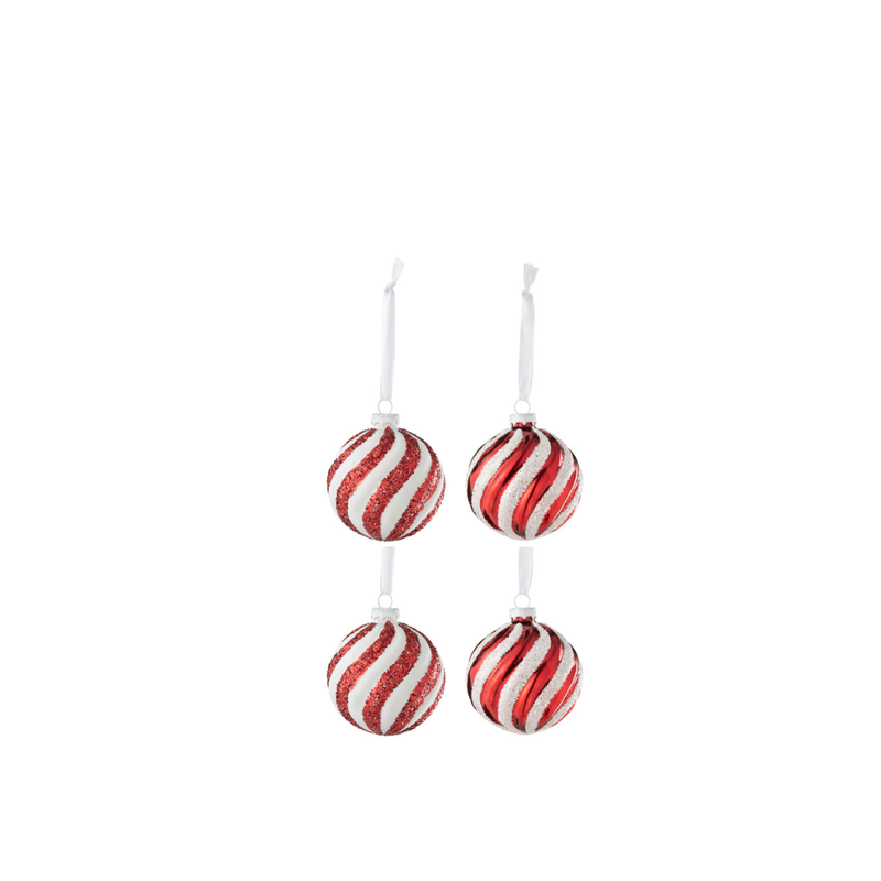 J-Line Kerstballen Swirl Rood Wit Set 4