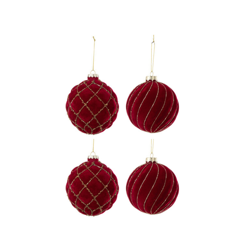 J-Line Luxe Velvet Kerstballen Rood Goud Set 4