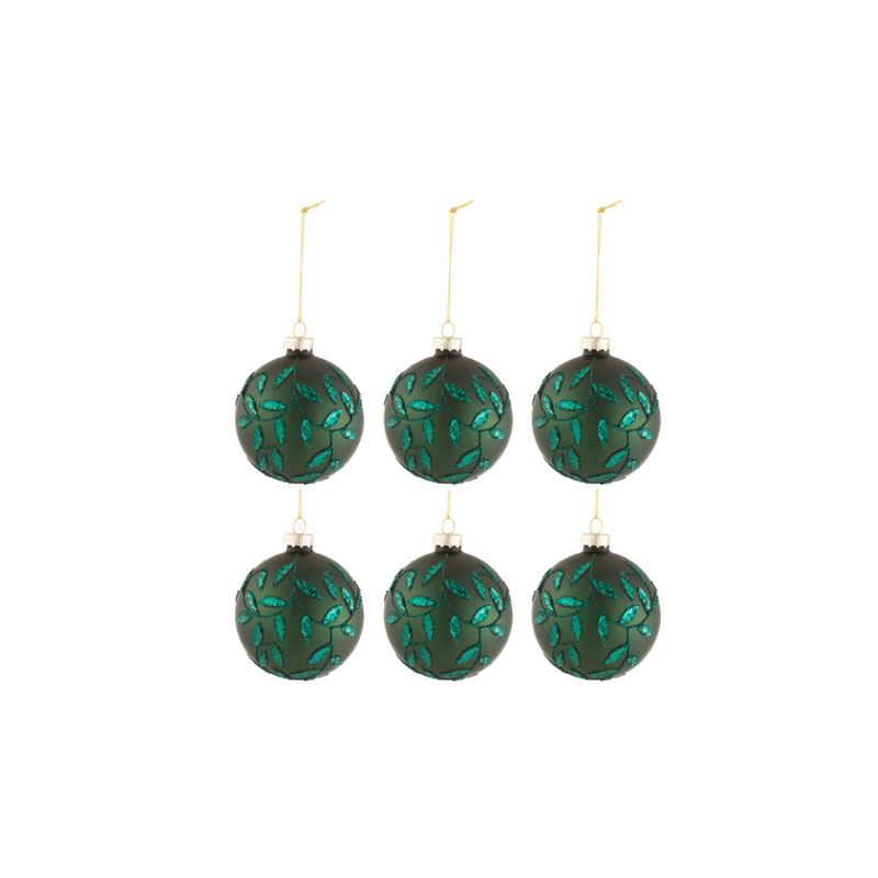 J-Line Mat Groene Kerstballen Met Blaadjes Set 6