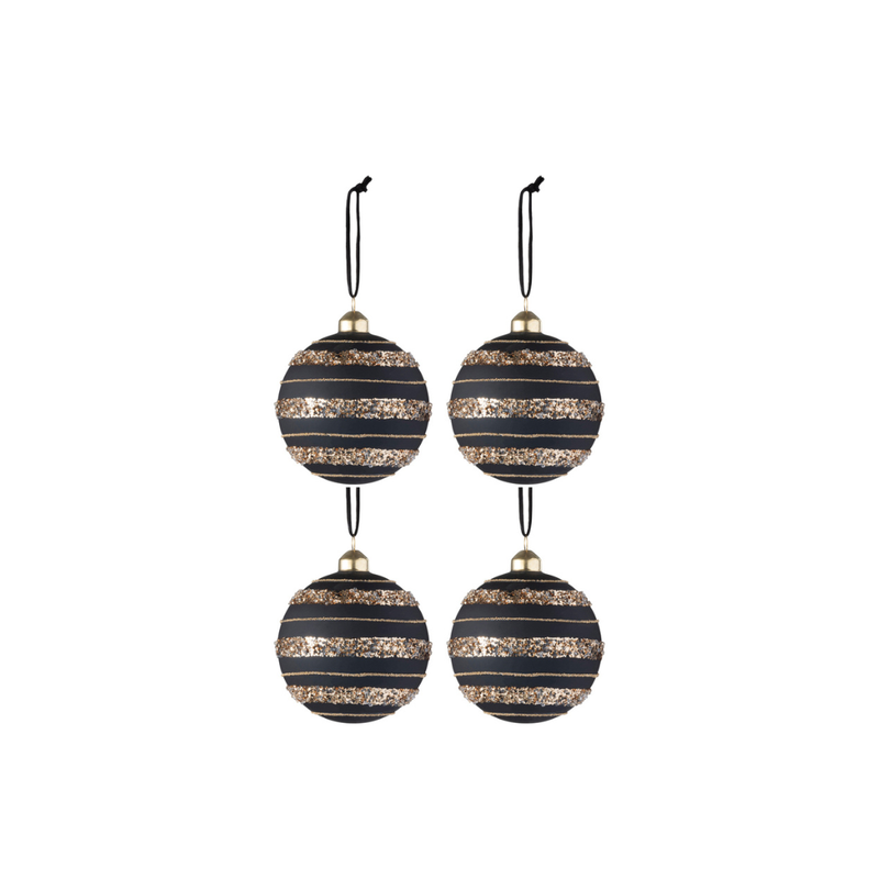 J-Line Mat Zwarte Kerstballen Gouden Lijnen Set 4