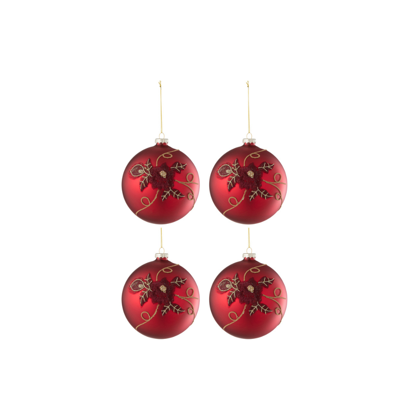 J-Line Rode Kerstballen Met Bloem Set 4