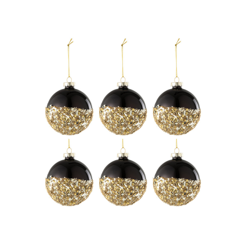 J-Line Zwart Met Gouden Glitter Kerstballen Set 6