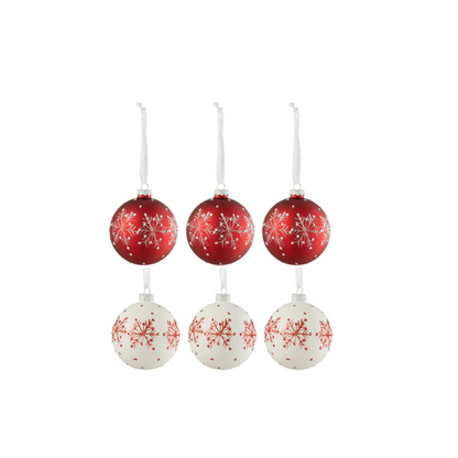 J-Line Kerstballen Met Sneeuwvlokkken Rood Wit Set 6