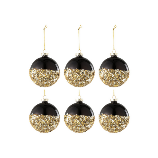 J-Line Zwart Met Gouden Glitter Kerstballen Set 6